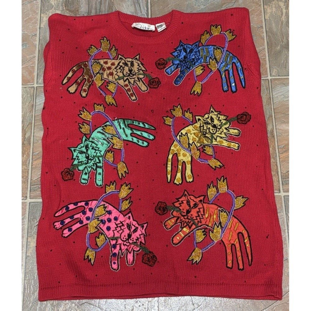 VTG Cedars Size Large Beaded Abstract Elaborate Tigers Jumping Fire Hoop Sweater